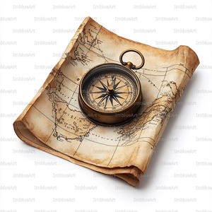 May include: A circular brass compass with a detailed directional dial featuring a black needle and markings, resting on top of a piece of aged, tan-coloured parchment paper printed with a black ink map showing geographical coastlines and grid lines.