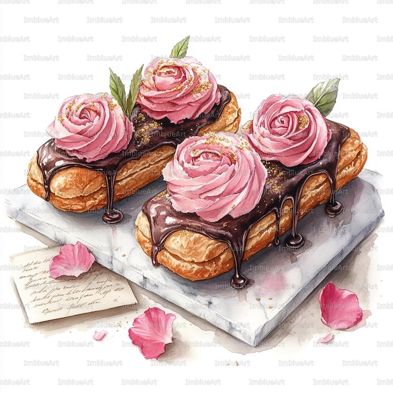 24 Rose Eclairs Clipart, Elegant French Pastry, Watercolor Printable ...