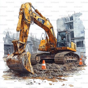 May include: Watercolor illustration of a yellow CAT excavator at a construction site. The excavator has a large bucket and is surrounded by dirt, orange traffic cones, and a partially constructed building in the background.