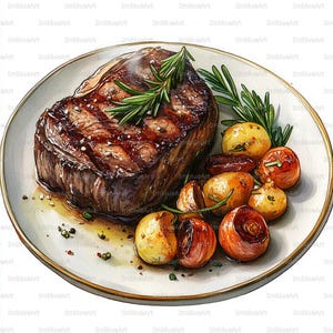 Pode incluir: Ilustração em aquarela de um bife cozido com marcas de grelha, guarnecido com raminhos de alecrim e servido com batatas e cebolas assadas num prato branco com borda dourada. O bife é de uma cor castanha rica.