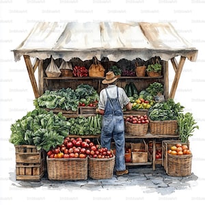 Könnte beinhalten: Aquarellillustration eines Marktstandes mit frischen Produkten. Der Stand ist gefüllt mit frischem Gemüse, darunter Tomaten, Salat und andere Gemüsesorten. Eine Person in Latzhose und Strohhut arrangiert die Produkte. Körbe und Holzkisten werden verwendet.