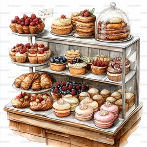 Puede incluir: Ilustración en acuarela de una vitrina de panadería llena de varios pasteles. La exhibición incluye cupcakes cubiertos con frambuesas, cruasanes y macarons. Un letrero dice "Boulangerie".