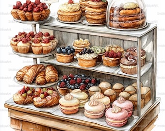 24 Bakery Window Clipart, Pastry Showcase, Watercolor Printable JPG, High Quality 300 DPI, Scrapbook, Junk Journal