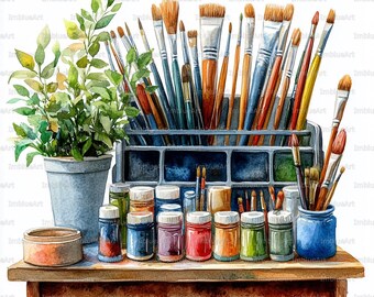 May include: Watercolor painting of art supplies on a wooden shelf. The image features a variety of paintbrushes, paint jars in various colors, a small potted plant, and a container of paint. The background is white.