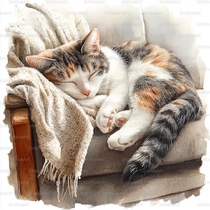May include: A watercolour painting depicts a sleeping calico cat on a grey armchair. The cat has white, orange, and brown fur. A cream blanket with a fringed edge is draped over the chair. The cat is curled up with its eyes closed.