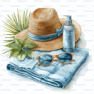 Op de afbeelding: Een aquarelillustratie met een beige strooien hoed met een lichtblauw lint, een blauwe pompflacon met zonnebrandcrème, een zonnebril met bruin montuur en een opgevouwen blauwe handdoek met textuur, naast groene palmbladeren.