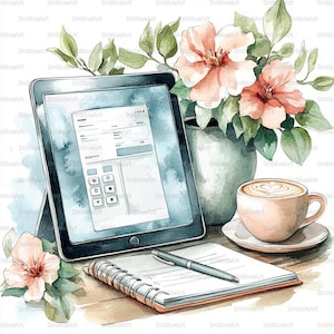 Op de afbeelding: Waterverfillustratie van een werkplek met een tablet waarop een financieel formulier staat, een notitieblok, een pen en een kop koffie. Een vaas met roze bloemen en groen siert de scène. De tablet is ongeveer 25 cm groot.