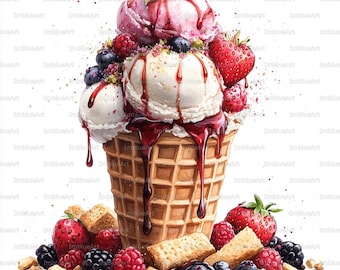 May include: Watercolor illustration of a waffle cone overflowing with scoops of ice cream, drizzled with red sauce, and topped with fresh berries. The cone is surrounded by strawberries, raspberries, blackberries, and blueberries.