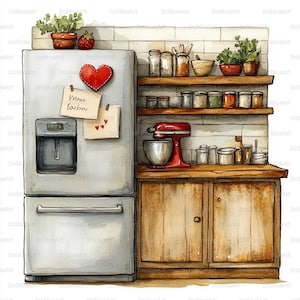 May include: Watercolor illustration of a kitchen scene. A gray refrigerator is adorned with a red heart and notes. Wooden shelves hold jars, bowls, and plants. A red stand mixer sits on a wooden countertop, with wooden cabinets below.