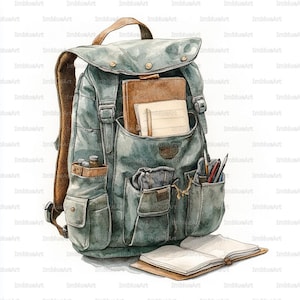 Puede incluir: Ilustración en acuarela de una mochila verde con múltiples bolsillos, un asa de cuero marrón y correas. La mochila está llena de cuadernos, lápices y otros útiles escolares. Un cuaderno abierto descansa al frente.