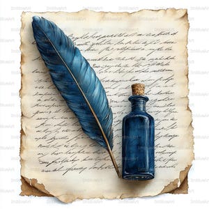 Op de afbeelding: Een vintage-stijl illustratie met een grote blauwe ganzenveer, een kleine blauwe fles met een kurkstop en een handgeschreven brief op verouderd papier. Het papier heeft gescheurde randen, tegen een witte achtergrond.