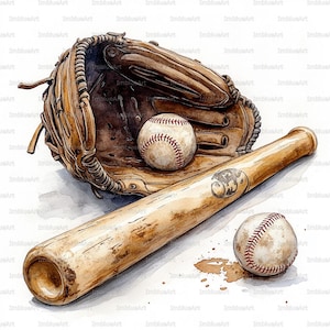 Peut inclure: Illustration à l'aquarelle d'équipement de baseball. Un gant de baseball en cuir marron, deux balles de baseball avec des coutures rouges et une batte de baseball en bois sont disposés sur fond blanc. La batte a un logo.