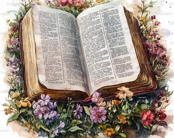 20 Bible with Flowers Clipart, Christian Faith Spiritual Scene, Watercolor Printable JPG 300 DPI, Scrapbook, Junk Journal