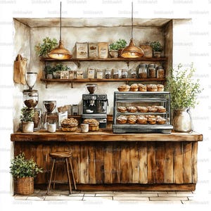 May include: Watercolor illustration of a cozy coffee shop interior. A wooden counter displays pastries in a glass case, with a coffee machine and grinder. Shelves hold jars, bags, and plants, illuminated by hanging lights. A stool and potted plants complete the scene.