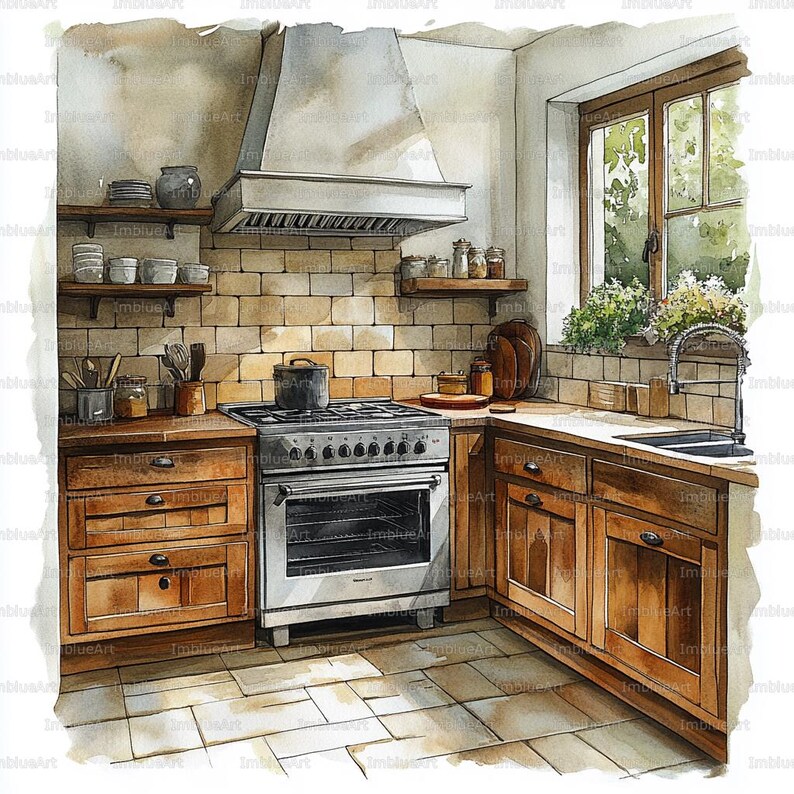 24 Kitchen Interior Clipart, Cozy Modern Kitchen Watercolor Printable ...