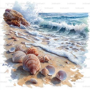May include: A watercolour painting of a beach scene featuring seashells. The image shows a sandy shore with various seashells scattered across the sand. Waves crash against a large rock, creating a dynamic coastal view. The colour palette includes shades of blue, brown, and white.