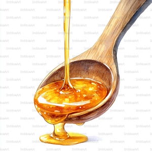 Può includere: Illustrazione ad acquerello di miele che cola da un cucchiaio di legno. Il miele è di un ricco colore dorato e il cucchiaio è marrone chiaro. L'immagine è su sfondo bianco.