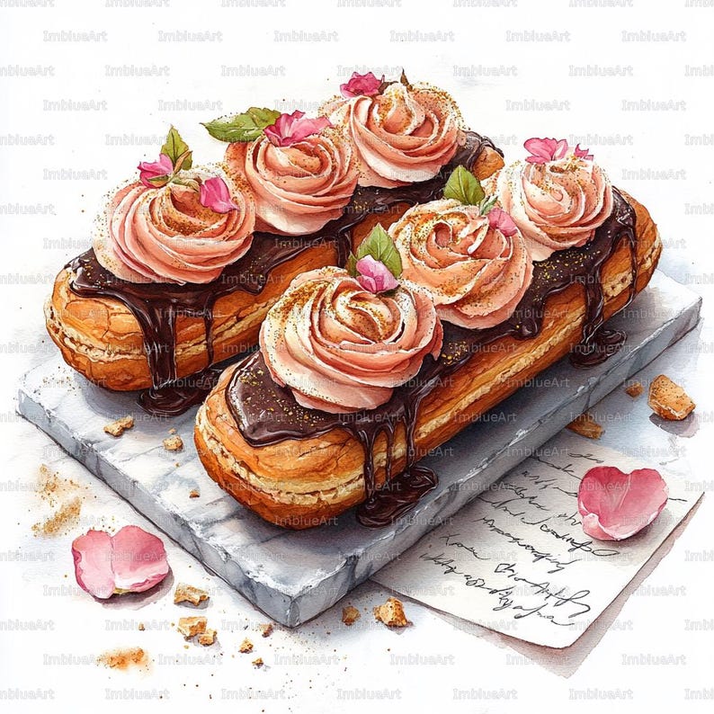24 Rose Eclairs Clipart, Elegant French Pastry, Watercolor Printable ...