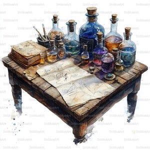 24 Alchemy Table Clipart, Mystic Laboratory Still Life Scene, Watercolor Printable JPG 300 DPI, Scrapbook, Junk Journal