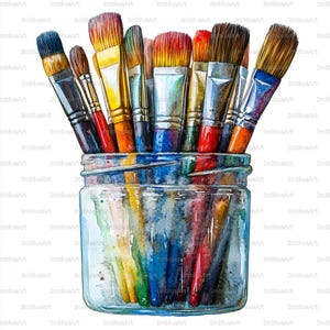 Puede incluir: Un conjunto de pinceles de pintura con cerdas coloridas y mangos de madera, dispuestos en un tarro de cristal transparente. Los pinceles varían en tamaño y forma, con un efecto acuarela en el tarro y los mangos. La imagen tiene un aspecto artístico y brillante.