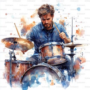 Pode incluir: Pintura em aquarela de um baterista tocando bateria. O baterista está vestindo uma camisa azul e segurando baquetas. A bateria inclui uma caixa, um bumbo e pratos. O fundo apresenta respingos de aquarela em tons de azul, laranja e marrom.