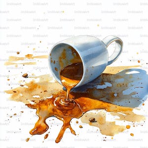 Puede incluir: Ilustración en acuarela de una taza blanca volcada derramando café. El líquido marrón se extiende sobre una superficie blanca, creando un efecto de salpicadura. Granos de café están esparcidos alrededor del derrame, con una sombra azul.