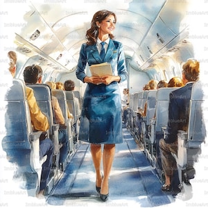 Könnte beinhalten: Aquarellillustration einer Flugbegleiterin in blauer Uniform, die den Gang eines Flugzeugs entlanggeht. Sie hält Papiere und lächelt, mit Passagieren im Hintergrund. Der Innenraum des Flugzeugs ist sichtbar.