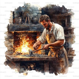 May include: Watercolor painting of a blacksmith at work in a forge. The blacksmith, wearing a white shirt and apron, uses a hammer and tongs. A fiery furnace glows brightly in the background, with tools and a brick wall visible.