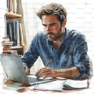 24 Office analytiker Laptop Szene Clipart, Mann arbeitet mit Daten am Schreibtisch moderner Arbeitsplatz, Aquarell druckbare JPG, Sammelalbum, Junk-Journal