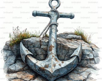 24 Vintage Anchor Clipart, Nautical Anchor on Rocks Watercolor Printable JPG 300 DPI, Coastal Decor Scrapbook, Junk Journal