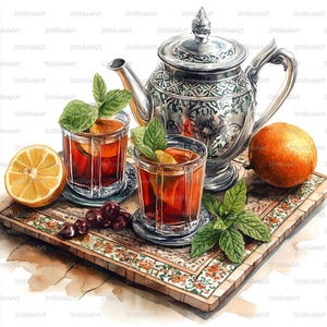 Peut inclure: Illustration à l'aquarelle d'un service à thé. Une théière en argent et deux verres de thé avec de la menthe et du citron sont posés sur un plateau décoratif. Un citron tranché, des cerises et une orange complètent la scène.