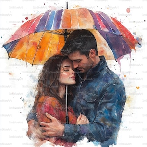 Puede incluir: Pintura a la acuarela de una pareja abrazándose bajo un paraguas colorido. El paraguas tiene rayas rojas, naranjas, amarillas, azules y moradas. El hombre lleva una chaqueta azul y la mujer una blusa roja y naranja. Tema romántico.
