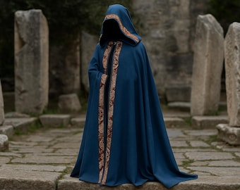 Hooded Cloak: Gothic Blue Embroidered Trim Cosplay Costume