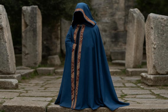 Hooded Cloak: Gothic Blue Embroidered Trim Cosplay Costume