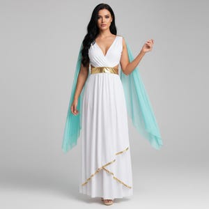light blue dress and gold shoes Greek Roman Goddess Aphrodite Athena Venus Sexy Womans Halloween Costume