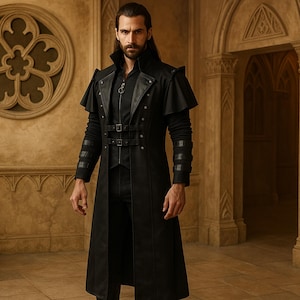 May include: A long, black coat with a high collar, shoulder capes, and multiple buckles. The coat has a zip-up front and is worn over a black shirt and trousers. The setting is a room with arched doorways and a circular window.