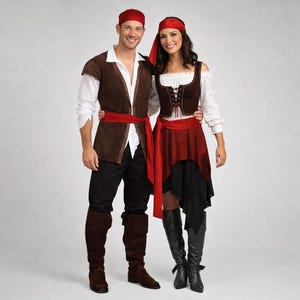 May include: A pair of pirate costumes. The man's costume includes a white shirt, brown vest, black pants, red sash, and brown boots. The woman's costume features a white blouse, brown vest, red and black skirt, red sash, and black boots.