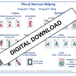 May include: A guide to American Mahjong tiles, showing Craks, Bams, Red Dragon, Winds, and Joker tiles. The guide includes text such as "Tiles of American Mahjong" and "Digital Download."
