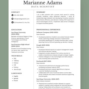Könnte beinhalten: Ein Lebenslauf für Marianne Adams, Data Scientist. Der Lebenslauf enthält Kontaktinformationen, eine Zusammenfassung der Fähigkeiten, Ausbildung, technische Fähigkeiten und Berufserfahrung bei Software Company, Google, Facebook und San Diego University. Der Hintergrund ist weiß.
