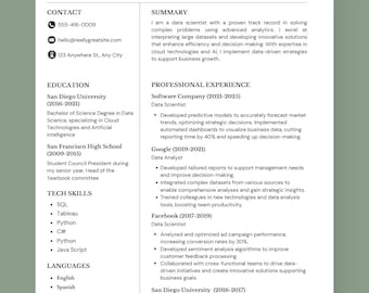 May include: A resume for Marianne Adams, a Data Scientist. The resume includes contact information, a summary of her skills, education, tech skills, and professional experience at Software Company, Google, Facebook, and San Diego University. The resume is on a white background.