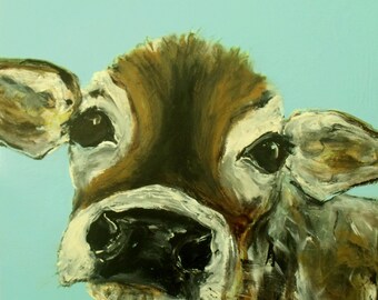 Baby cow Art, Poster Art Print Soft aqua perfect decorating size
