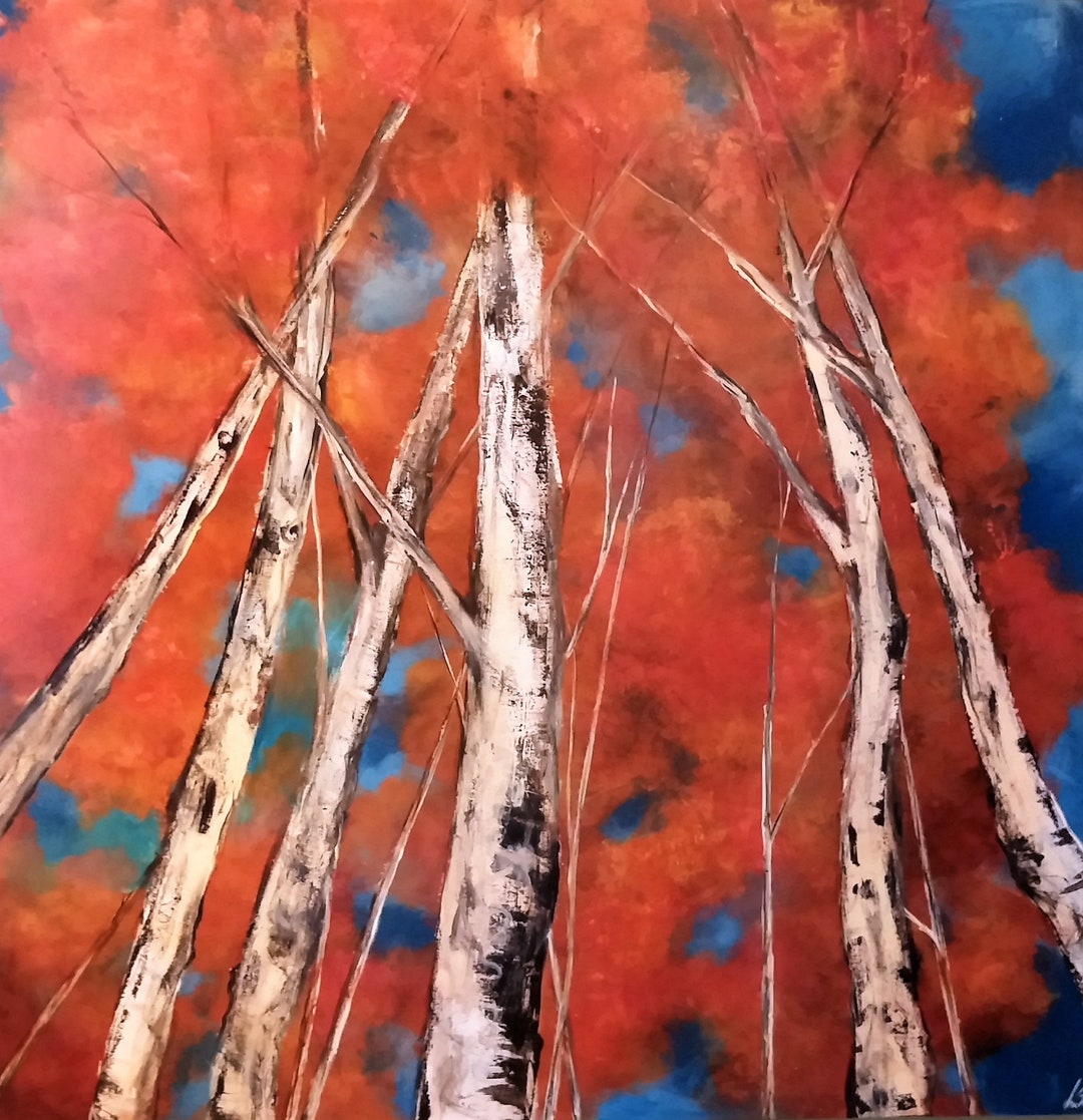 Fall Abstract Art Aspen Trees With Red Fall Leaves Large Etsy