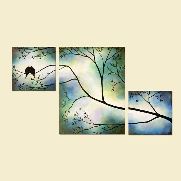 Custom Romantic Love Birds, Blue Triptych Custom Painting Anniversary Wedding Art