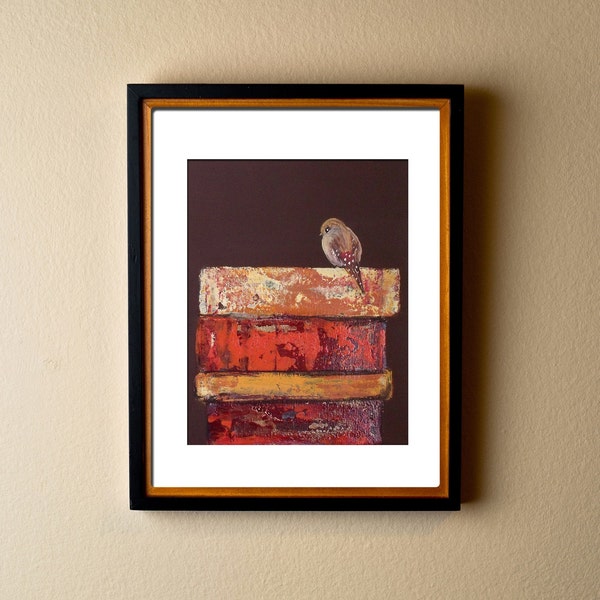 Spotted Bird Print, Black and Red, Bird on Books Art Print