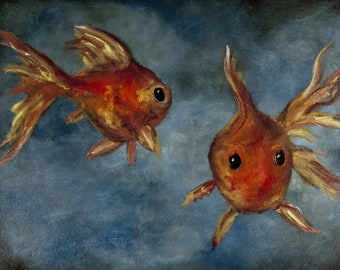 Couple Exotic Goldfish Art Print, Deep Blues and Fish Wall Art, Love in the Water