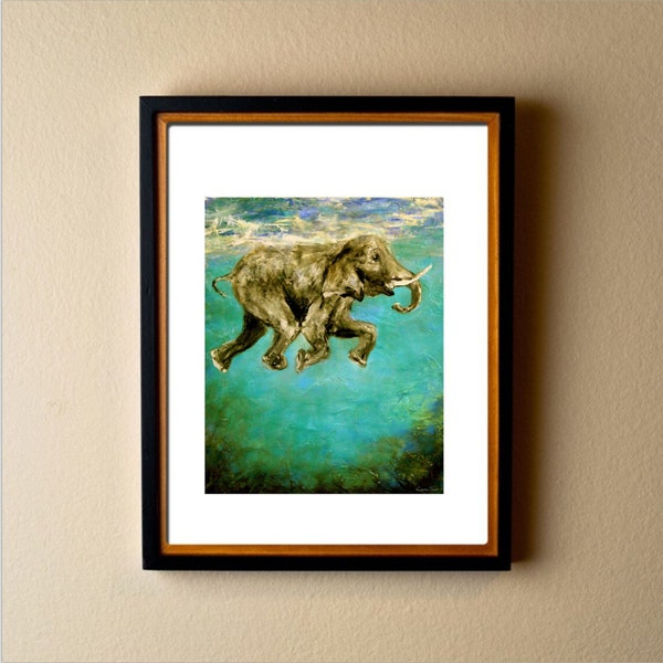 Swimming Elephant Aqua Art Print Wall Decor