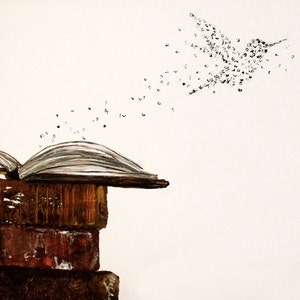 Hummingbird letters fly from open book, Typographic Imagery for writers