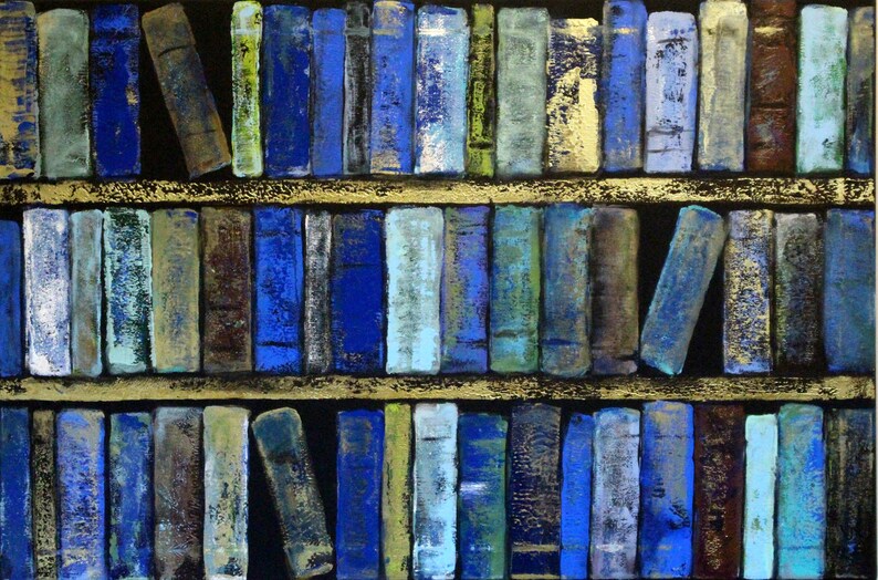 Blue Library Books Abstract Art Large Poster Wall Art Etsy