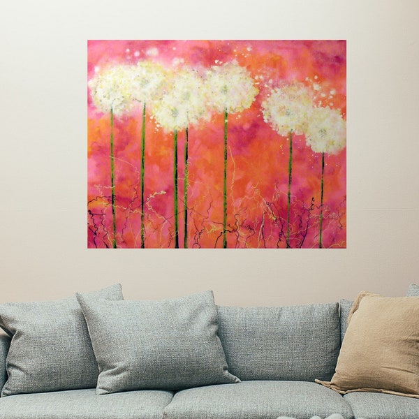 Soft Dandelion Wall Decor, Pink Wishes Large art poster print, Cottage Core Girl Art