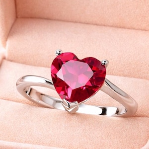 Elegant Heart Shape Ruby Minimalist Engagement Ring, Silver Anniversary Promise Ring For Her
